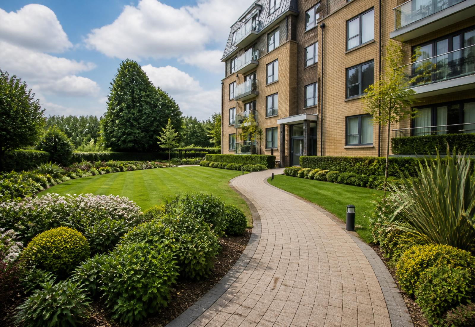 Beautifully landscaped communal grounds at a London apartment block